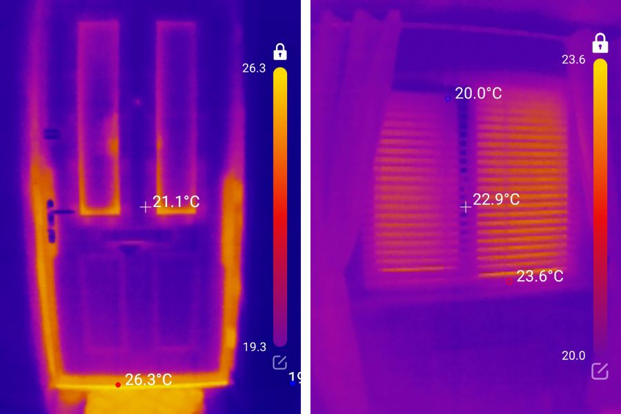 Ready2Inspect Thermal Imaging: 1st image shows heat from the sun coming through a failed seal around the bottom of the door 2nd image shows the opposite where cold air is coming in through a failed seal around a window